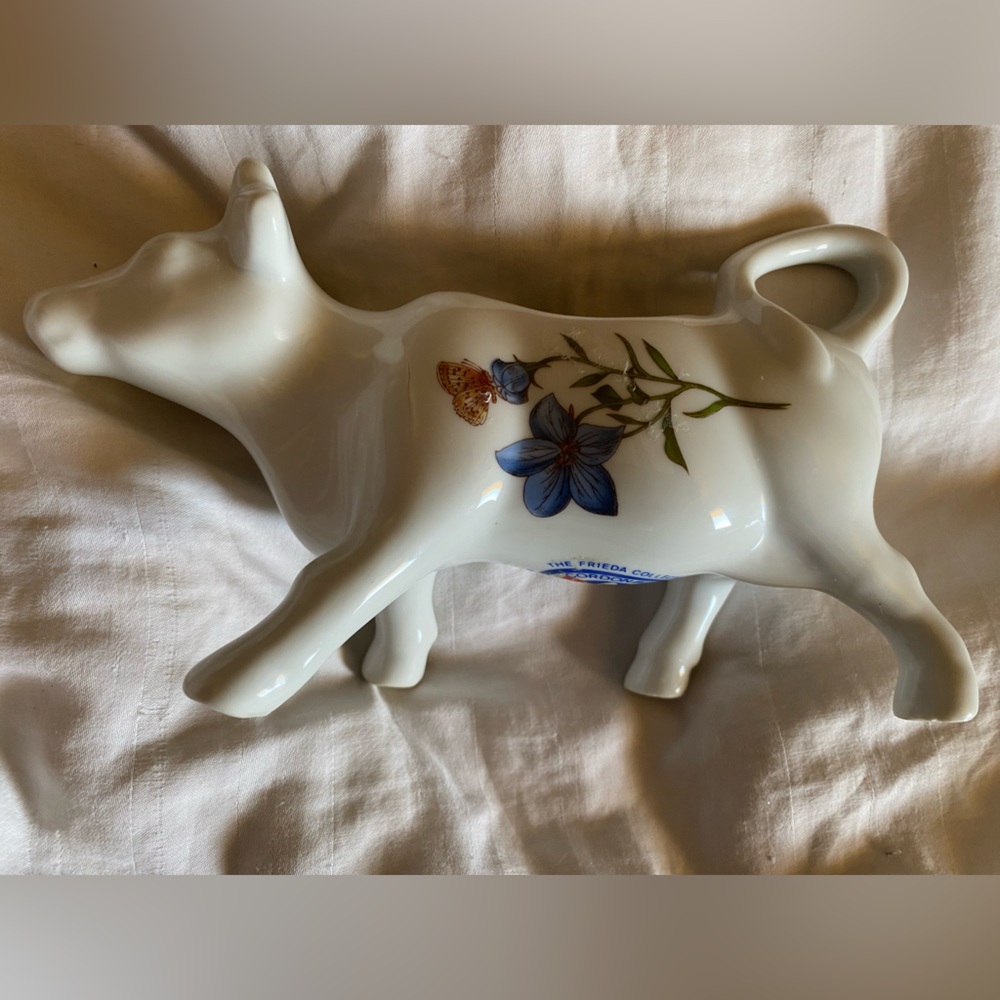 Cow Creamer Cordon Bleu BIA France White Porcelain Blues and Pinks Floral